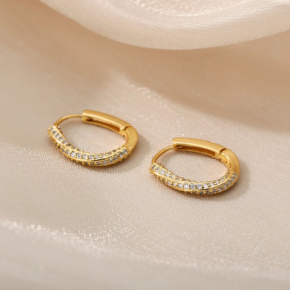 Zircon Oval Hoop Earrings for Women Stainless Steel Gold Color round Hoops Earring 2024 Trend Wedding Jewelry Pendientes Mujer