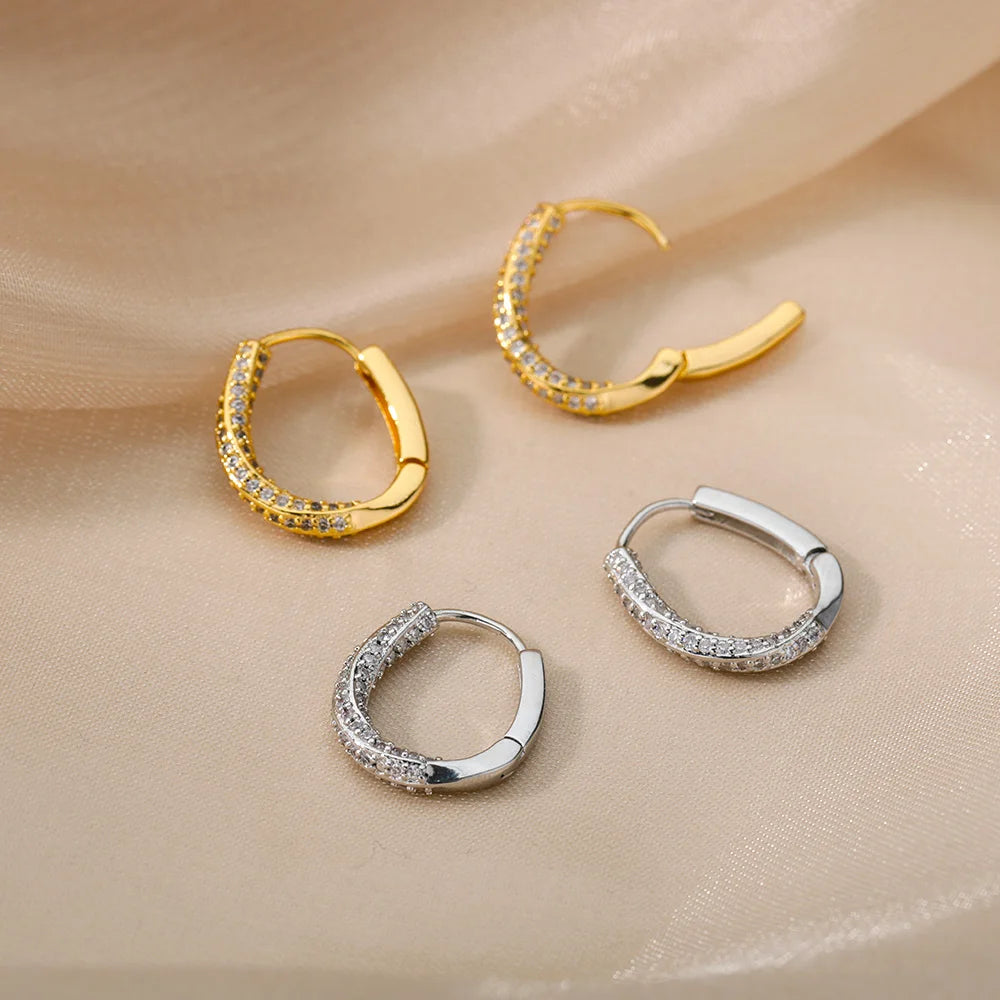 Zircon Oval Hoop Earrings for Women Stainless Steel Gold Color round Hoops Earring 2024 Trend Wedding Jewelry Pendientes Mujer