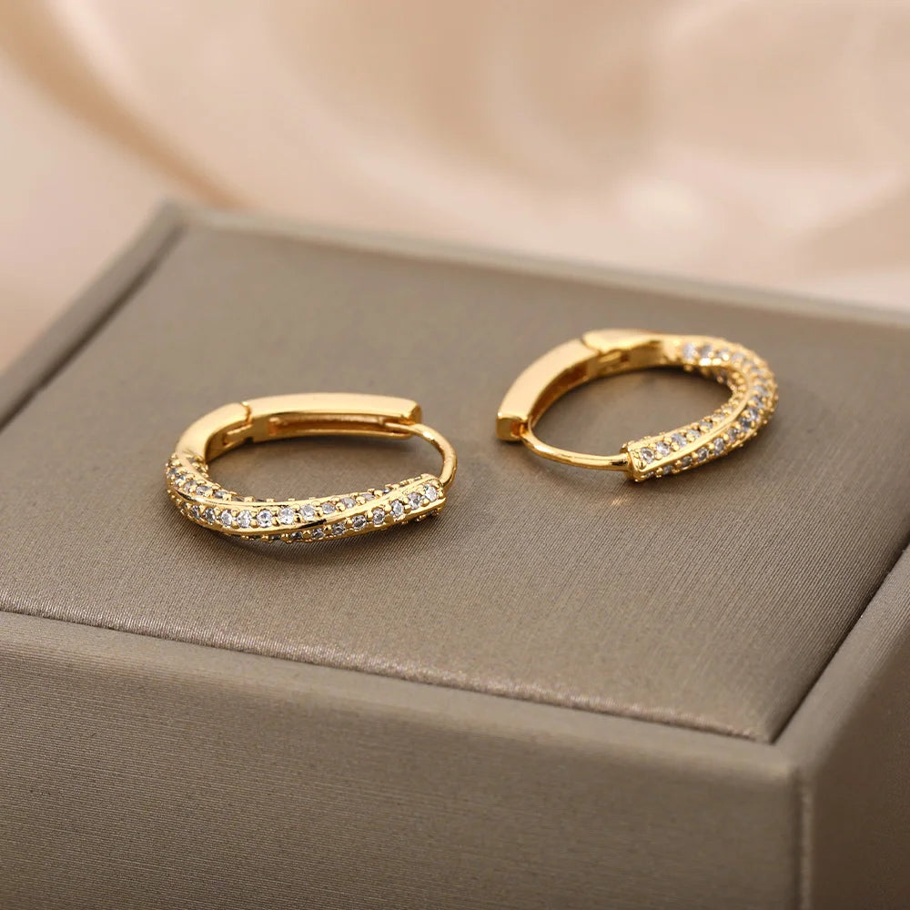 Zircon Oval Hoop Earrings for Women Stainless Steel Gold Color round Hoops Earring 2024 Trend Wedding Jewelry Pendientes Mujer
