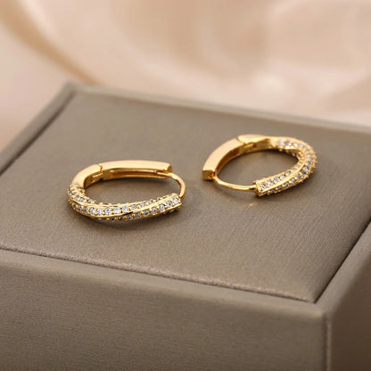 Zircon Oval Hoop Earrings for Women Stainless Steel Gold Color round Hoops Earring 2024 Trend Wedding Jewelry Pendientes Mujer