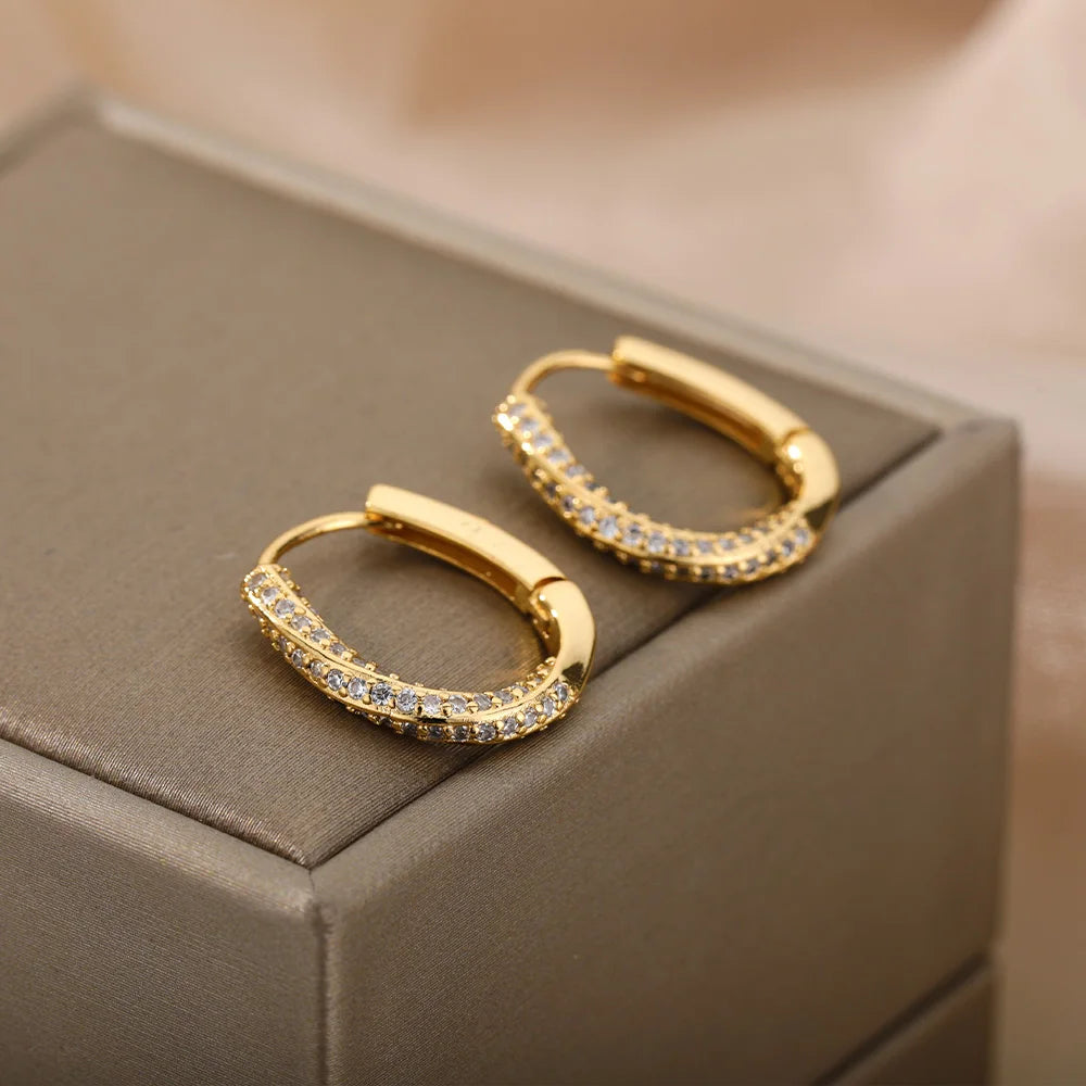 Zircon Oval Hoop Earrings for Women Stainless Steel Gold Color round Hoops Earring 2024 Trend Wedding Jewelry Pendientes Mujer