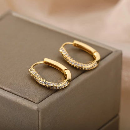 Zircon Oval Hoop Earrings for Women Stainless Steel Gold Color round Hoops Earring 2024 Trend Wedding Jewelry Pendientes Mujer