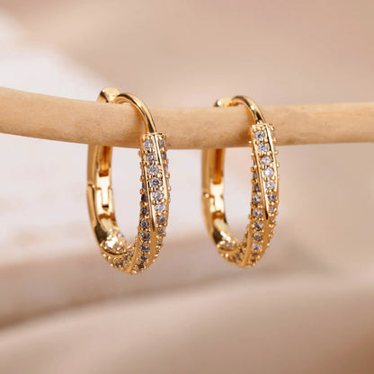 Zircon Oval Hoop Earrings for Women Stainless Steel Gold Color round Hoops Earring 2024 Trend Wedding Jewelry Pendientes Mujer